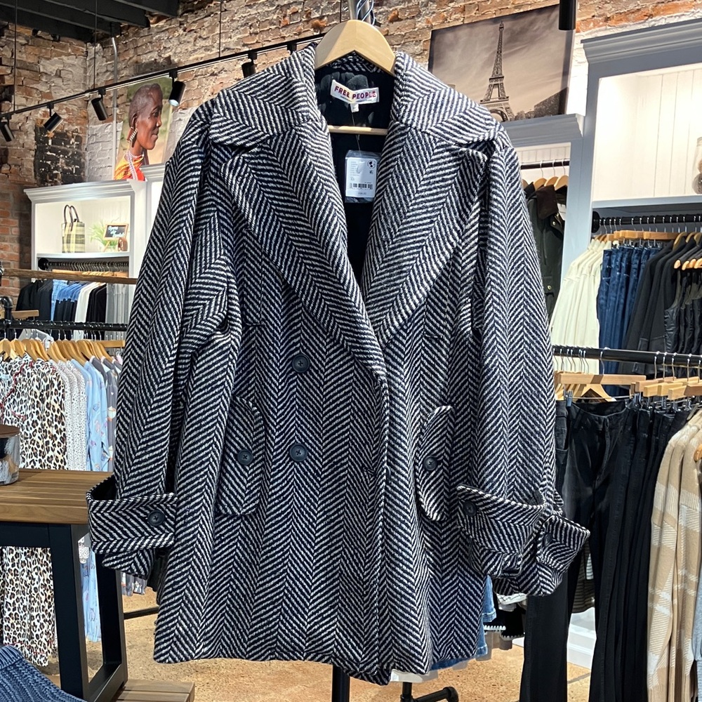 Free People Black & White Herringbone Peacoat